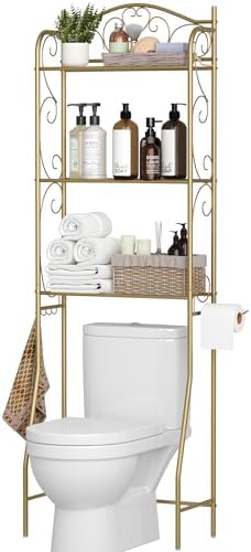 HOME BI Over The Toilet Storage Shelf, 3-Tier Over Toilet Bathroom Organizer Rack, Freestanding Space Saver Toilet Stands with Hooks (Gold) by HOMEBI