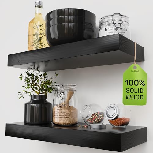 Solid Wood Floating Shelves For Wall 16 inch Black, Bathroom Wooden Shelf by BAOBABWORKSHOP