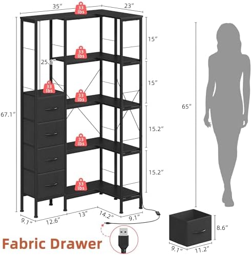 AFLUI 5-Tier Corner Bookshelf with LED Light Strips, 4 Fabric Drawers - Image 2