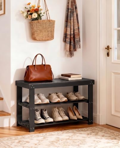 Amada 3 Tier Bamboo Shoe Rack Bench for Entryway, Living Room, Black - Image 2