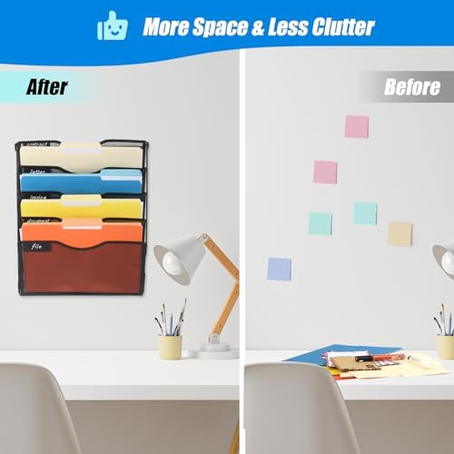 EASEPRES 5 Pocket Mesh Hanging Wall File Organizer with Hangers & Nametag Label, Wall Mounted Mail Paper Document Folder Holder, Clipboard Storage Organization Magazine Rack for Office Cubicle, Black - Image 4