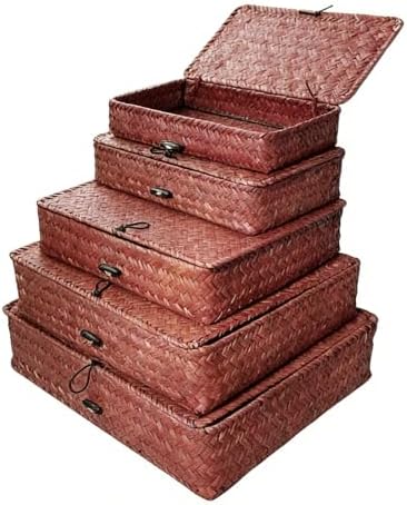 5 Pcs Seagrass Basket with Lid 5 Sizes Decorative Storage Boxes Rattan Wicker Storage Basket with Lids Woven Organizer Baskets Multipurpose Flat Storage Bins for Shelf Closet Bedroom (Dark Brown) by SENONAPO
