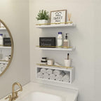 WOPITUES Floating Shelves for Wall with Cube Shelf, Wall Shelves with Metal Rail for Decor, Bathroom Organizers and Storage, Over Toilet Shelves for Bathroom, Toilet Paper-White&Gold - Image 2
