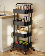 Pipishell Metal 4 Tier Rolling Cart with Handle & 2 Lockable Wheels, Black - Image 2
