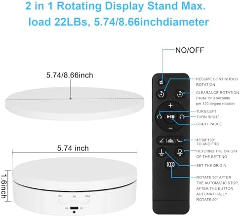 2 in 1 Motorized Rotating Display Stand with 5.74 /8.66 inch Replacement Cover, Remote Control 360 Degree Electric Turntable Display Stand Max 22lbs Load Auto Lazy Susan for Photography LiveStream - Image 5