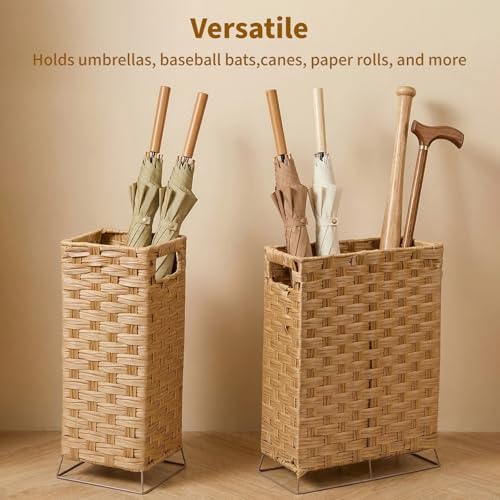 Rattan Umbrella Stand with Built-in Water Reservoir & Hooks, Hand Woven Umbrella Rack Organizer Freestanding - Stable, High-Capacity Organizer for Home and Office - 11.8" L x 5.5" W x 16.5" H - Image 4