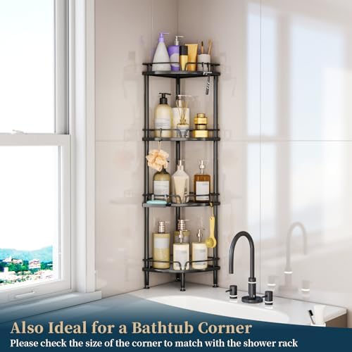 Consumest Corner Shower Caddy Stand - 4 Tier Shower Organizer with Soap Holder, Tall Floor Corner Shelf Standing with Adjustable Feet & 4 Hooks, Storage Rack for Bathroom Black - Image 7