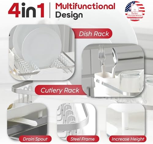 Better Houseware Expandable Dish Drying Rack - Space-Saving Stainless Steel Dish Racks for Kitchen Counter with drainboard and Detachable Cutlery Holder, Large, White - Image 3