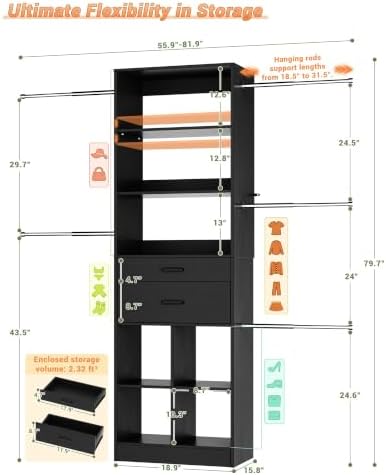 Besiost Small Closet System, 3.2-6.8FT Small Closets Organizer with 2 Wooden Drawers & 5 Hanging Rods, Can Fit 37.5 to 81.9 inch Walk-in Closet System, Black, Enclosed Storage Volume 2.32 ft³ - Image 2