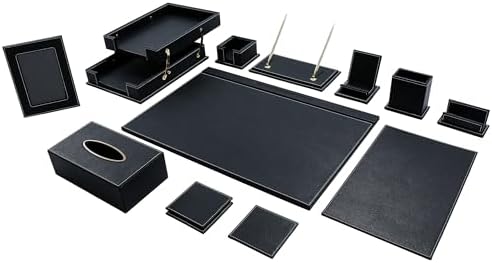 Leather Desk Set, 13-Piece All-in-One – Executive Desk Accessories & Office Supplies, Desk Organizer with Desk Pad & Blotter, 2-Tier Letter Tray, Luxury Office Desk Decor & Boss Gifts (Black) by RitPin