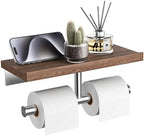 Tindbea Rustic Double Toilet Paper Holder with Walnut Wood Shelf, Farmhouse Toilet Paper Holder Brushed Nickel Stainless Steel Bathroom Tissue Roll Holder by Tindbea