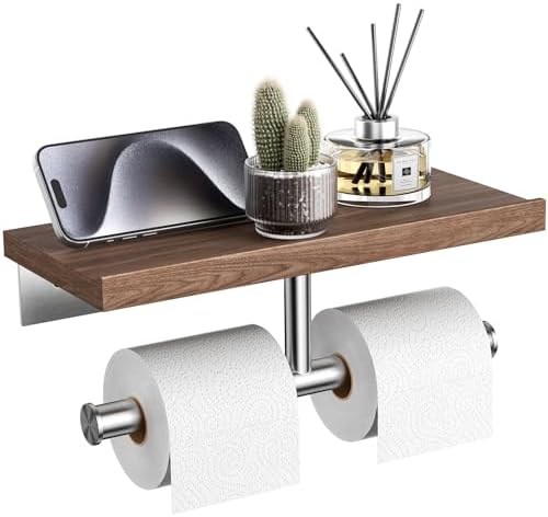 Tindbea Rustic Double Toilet Paper Holder with Walnut Wood Shelf, Farmhouse Toilet Paper Holder Brushed Nickel Stainless Steel Bathroom Tissue Roll Holder by Tindbea