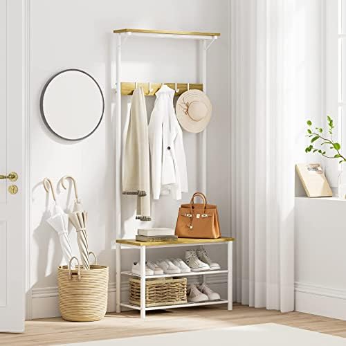 Hall Tree with Bench and Shoe Storage, 3-in-1 Coat Rack Shoe Bench, Freestanding Wooden Coat Rack with Metal Frame, 3-Tier Storage Shelf and 5 Removable Hooks, White by AEPOALUA