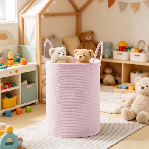 58L Tall Cotton Rope Laundry Basket with Handles, Pink - Image 6