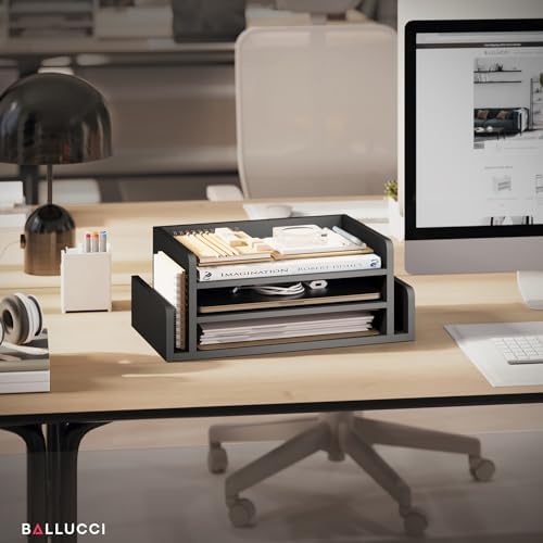 Ballucci 3-Tier Desk Organizer with 2 Side Mail Sorter Slots, Wood Letter Tray, Open Top Paper Organizer, Desktop File Organizer, Black - Image 5