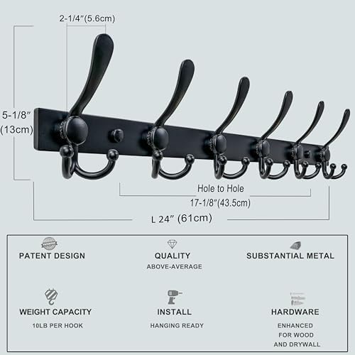 Dseap Coat Rack Wall Mount 24 Inch, Heavy Duty 12-Gauge Base vs Flimsy 1mm, Double-Thick Solid Anti-Snap Hooks, Stainless Steel 6-Hook Hanger for Clothes Hat Closet Entryway, Black, Pack of 2 - Image 3
