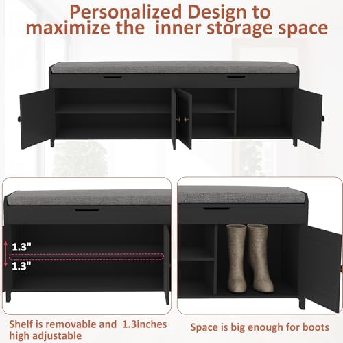 HOMEFORT 54.4" Shoe Bench with Lift Top Storage, Entryway Bench with Cushioned Seat, Wooden End of Bed Bench, Shoe Cabinet Bench with Hidden Storage Space, for Bedroom, Hallway,Black - Image 6