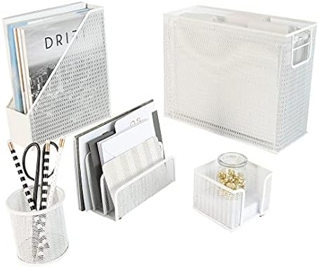 BLU MONACO | White Desk Organizer Set | 5 Piece Metal Office Desk Organizer with Hanging File Holder, Magazine Organizer, Pen Cup, Sticky Note Holder, Mail Sorter | Desk Organizers and Accessories by Blu_Monaco