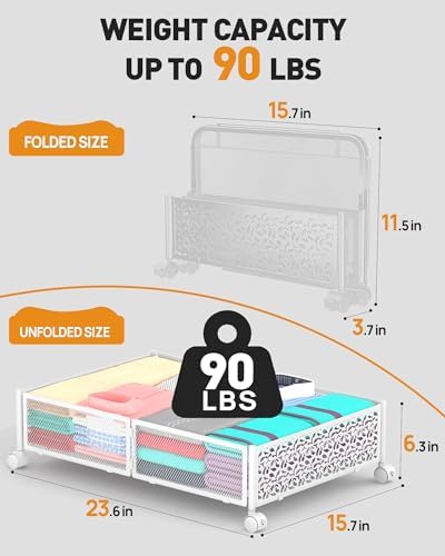 Under Bed Storage with Wheels, 2 Pack Foldable Metal Under Bed Storage Containers, 60L Rolling Underbed Storage, Easy Assembly Under The Bed Storage for Bedroom Clothes Shoes Blankets - Image 5