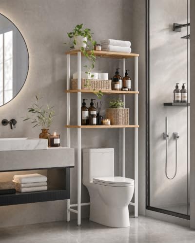 LiSHELF Bamboo Over The Toilet Storage Shelf 3-Tier Bathroom Organizer Rack Freestanding Above Toilet Shelves Space Saver for Small Bathroom, Laundry, White by Unknown