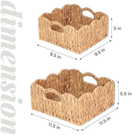 Scalloped Baskets (Natural-Set of 2) Basket Living Room Organizer, Water Hyacinth Baskets For Decor, Woven Basket for Bathroom, Bedroom, Laundr (2, Light Brown) - Image 2