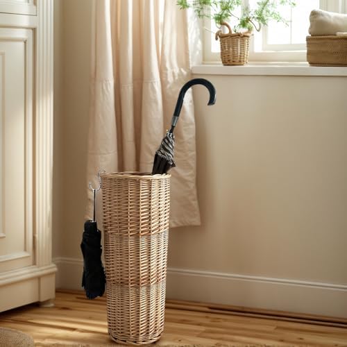Natural Rattan Umbrella Stand for Entryway, 21.2H x 9.4L x 9.4W, Detachable Drip Tray & 2 Metal Hooks – Storage for Umbrellas, Canes & Walking Sticks, Stylish Home Decor - Image 5