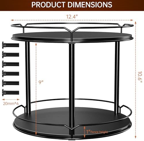 Lazy Susan Organizer 2 Tier - 12.4" Turntable Spice Rack for Table Top, Wooden Rotating Lazy Susan for Cabinet Pantry Kitchen Countertop Dining Table Cupboard Bathroom Vanity Storage(Black) - Image 3