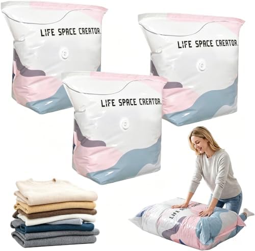 3 PACK No-Pump Cube Vacuum Storage Bags, 2026 New 3D Space Saver Compression Bags, Reusable Heavy-Duty Storage Organizer for Clothes, Bedding & Comforters, Travel & Home Use | 19.6"×27.5"×11.8" by Unknown
