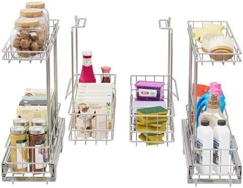 2 Tier Under Sink Organizer 11" W X18 D, Pull Out Cabinet Organizer One Removable Basket, Under Sink Slide Out Chrome Plated, Under Kitchen Bathroom Sink Organizer, 2 Pack by STORKING