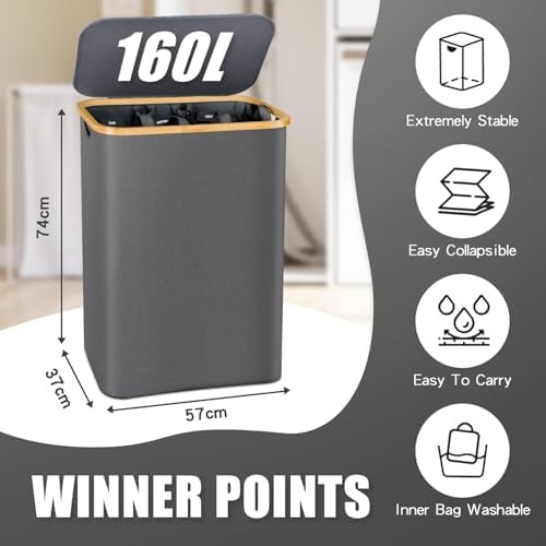 Hampers for Laundry Basket with Lid, 160L Large Laundry Hamper 3 Section - Image 3