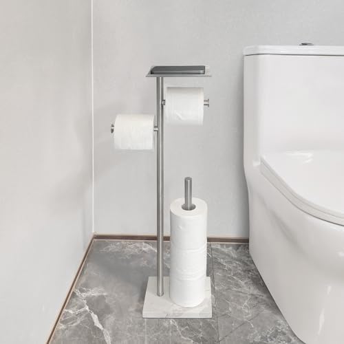 GZILA Toilet Paper Holder Stand with Shelf, Marble Base Heavy Free Standing Toilet Paper Double Roll Holders SUS304 Stainless Steel Brushed Nickel, Storages 4 Reserve Rolls Dispenser - Image 5