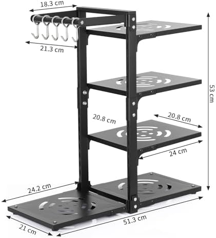 4-Tier Pot and Pan Organizer Rack, Adjustable Kitchen Cabinet Storage with Hooks, Black Metal, Space-Saving Cookware Holder - Image 3