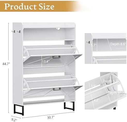 Wodeer White Shoe Storage Cabinet with 2 Flip Drawers, Narrow Wood Shoe Cabinet Storage for Entryway with Metal Legs & Hooks, Adjustable Shelves, Freestanding Shoe Rack Organizer for Foyer, Hallway - Image 2