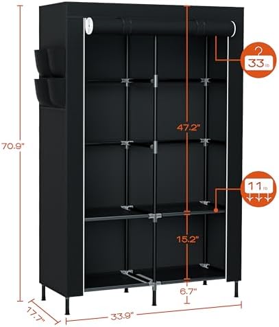 CASAMAYA Portable Closet, 34 Inch Large Capacity Wardrobe Closet with Cover, Clothes Storage Organizer with Shelves and 2 Hanging Rods, Easy to Assembly, Black PCT202B01 - Image 4