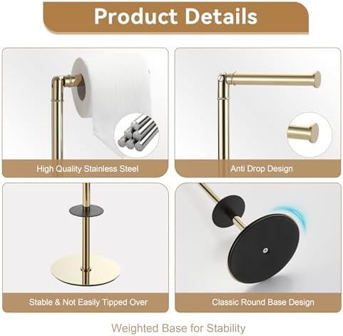BGL Freestanding Toilet Paper Holder, Tissue Holder On Floor with Reserve Storage Paper Rolls, Roll Paper Holder Standing On Floor (Polished Gold) - Image 5