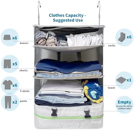 Grand Fusion Stow-N-Go Hanging Travel Shelves, Packing Organizer for Luggage. Carry on Closet for Suitcase. Expandable Packing Cube. Travel Essentials. (Light Gray - XL, XL = (L) 17.7" x (W) 11.8") - Image 3