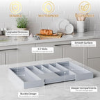 Bamboo Kitchen Silverware Drawer Organizer - Expandable Wood Utensil Holder with Dividers, Luxury Cutlery Storage Tray for Kitchen Utensil and Flatware (5-7 Slots with Removable Knife Block, Grey) - Image 5