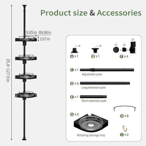 akinbas 360° Rotating Shower Caddy Tension Pole with 4-Tier Rustproof Lazy Susan 35-128 Inch No Drilling Coner Shelves Adjustable Shower Rack for Bathroom Bathtub Washbasin Plant Storage (Black) - Image 4