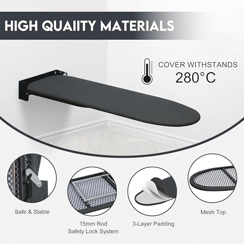 Wall Mounted Ironing Board,Space-Saving Compact Wall Mount Fold Down Iron Board for Laundry Room, 36" x 12", Black - Image 5