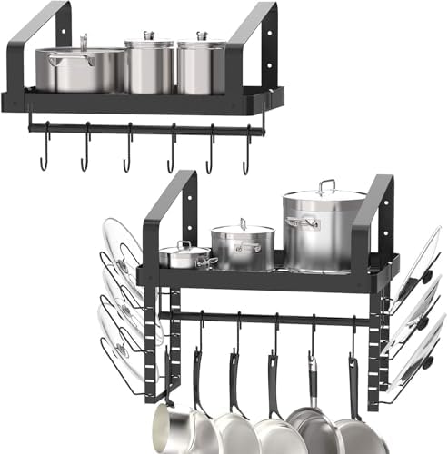 X-cosrack Pot Racks Wall Mounted Set of 2,with Towel Bar and Pots Pans Lids Organizer, Kitchen Cookware Hanging Shelves with 12 Hooks, Black by X-cosrack