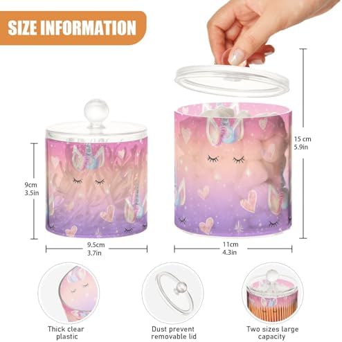 Rainbow Gradient Shiny Unicorn Horn Lashes Hearts Qtip Holder Waterproof Dustproof Apothecary Jars with Lids For Bathroom Cotton Swabs Makeup Sponges Floss Picks Bath Salts 2 Pack - Image 3