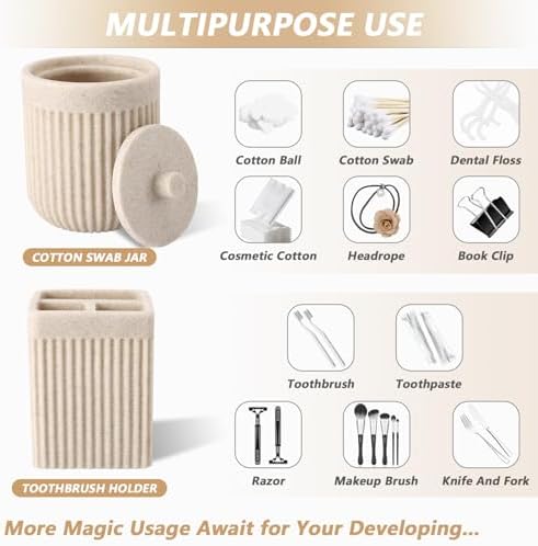 XLHOMO Resin Beige Bathroom Accessories Set 5 Pcs, Lotion Soap Dispenser, Toothbrush Holder, Bathroom Tumbler, Qtip Holder and Vanity Tray, Bathroom Countertop Organizer Set for Modern Home Apartment - Image 4