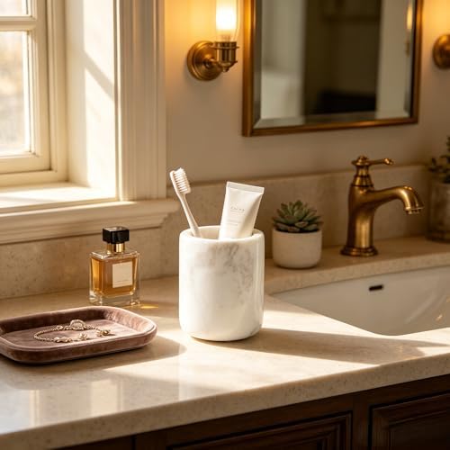 Natural White Marble Toothbrush Holder for Bathroom, Mordern Organic White Marble Toothbrush Cup, Luxury Texture Razor Holder, Razor Organizer for Dressing Table, Countertop, Hotel - Image 3