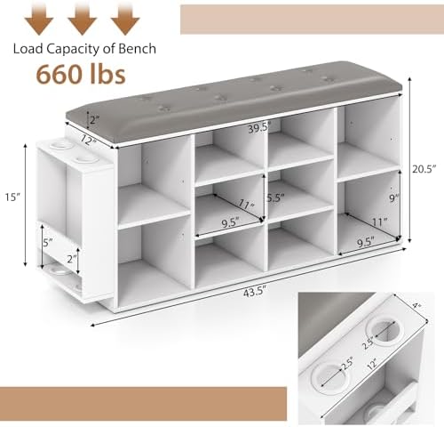 Tangkula Shoe Storage Bench with Umbrella Stand, 10-Cube Entryway Bench with Adjustable Shelf & Padded Cushion, Cubby Shoe Rack Organizer for Bedroom & Checkroom, Rustic Brown & Black (White) - Image 3