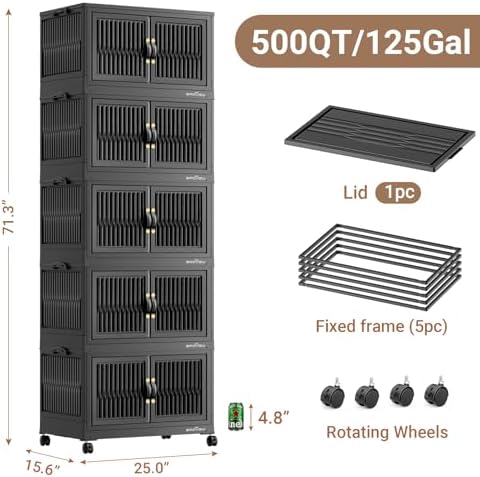 BROVIEW 500Qt Stackable Storage Bins with Lid, Extra Large Closet Organizer Collapsible Drawer Boxes with Wheels, Folding Plastic Cabinet Containers for Home Kitchen Room Organization, 5Pack Black - Image 2