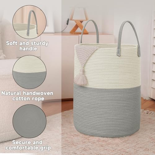 JMvicyroam 100L Cotton Rope Laundry Basket Hamper, White and Grey - Image 6