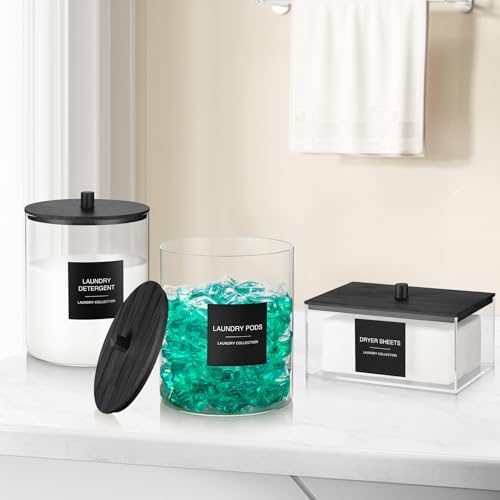 Glass Jars and Acrylic Dryer Sheet Holder, Laundry Pods Container with Bamboo Lid and 27 Labels, Powder Detergent Containers for Laundry Room Organization, Storage Jars Set (3 Pack, Black) - Image 7