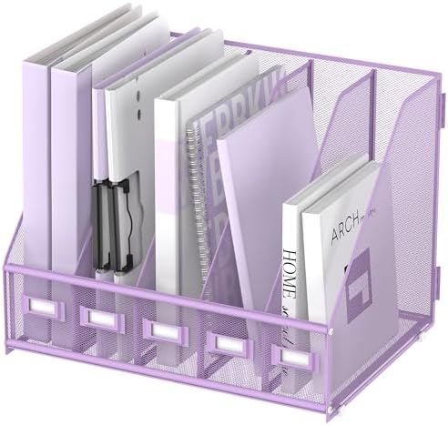SUPEASY Desk Organizers Metal Desk Magazine File Holder with 5 Vertical Compartments Rack File Organizer for Office Desktop, Classroom, Home Workspace, Purple by SUPEASY
