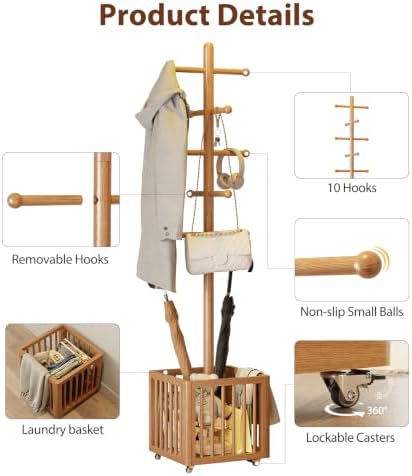 Solid Wood Freestanding Coat Rack with 10 Adjustable Hooks, Storage Basket and Lockable Casters, Organizes Hats, Clothes and Bags for Entryway, Bedroom, Living Room - Image 6