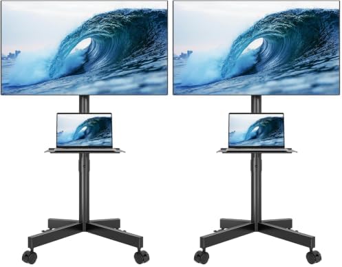 BONTEC Mobile TV Stand for 23-65 Inch TVs, Rolling TV Stand with Locking Wheels, Adjustable Height, Media Shelf, Outdoor TV Stand Max VESA 400x400mm, Holds Up to 88lbs (Pack of 2) by BONTEC
